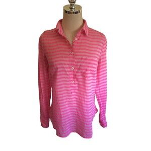 J Crew Top Women's Size 0 Pink Striped Long Sleeve Half Button Up Cotton Silk
